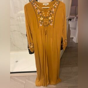 Embroidered Yellow Long Sleeve Maxi Dress